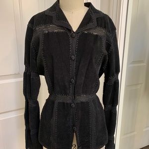 Vintage black suede leather crochet long jacket
